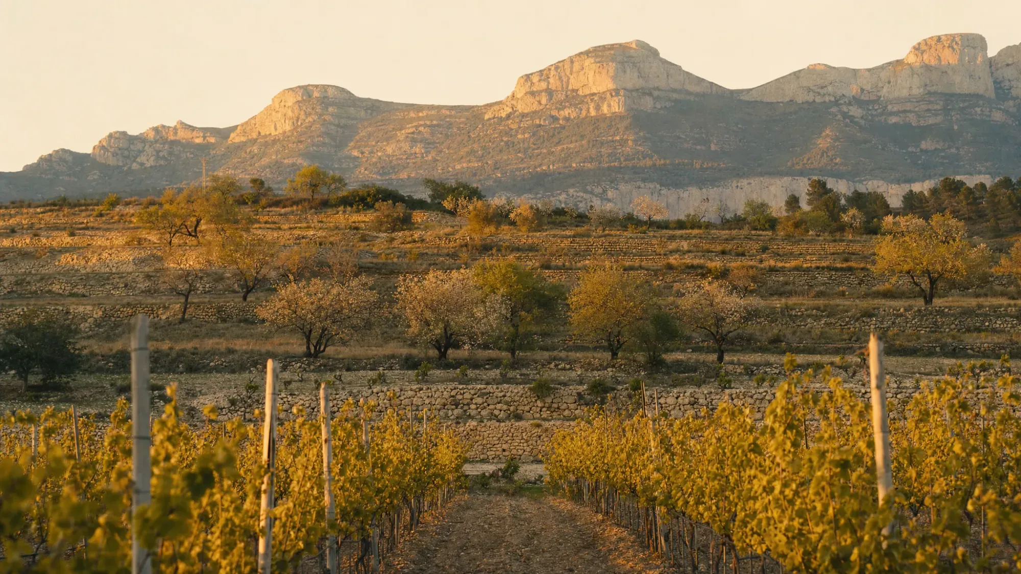 Rows of grapevines in the Vall de Pop near Parcent with dry-stone walls, almond trees, and warm light touching the surrounding Alicante mountains.