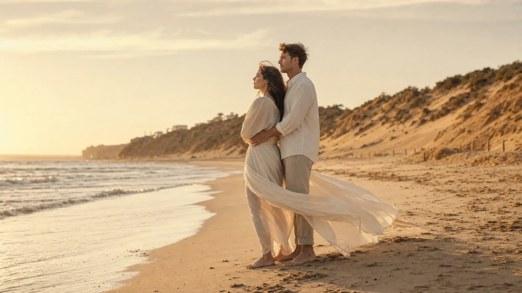A couple standing close together near the shoreline in Guardamar at sunset, with dunes behind them, calm sea in front of them, wind moving their clothing, and warm light on the sand.