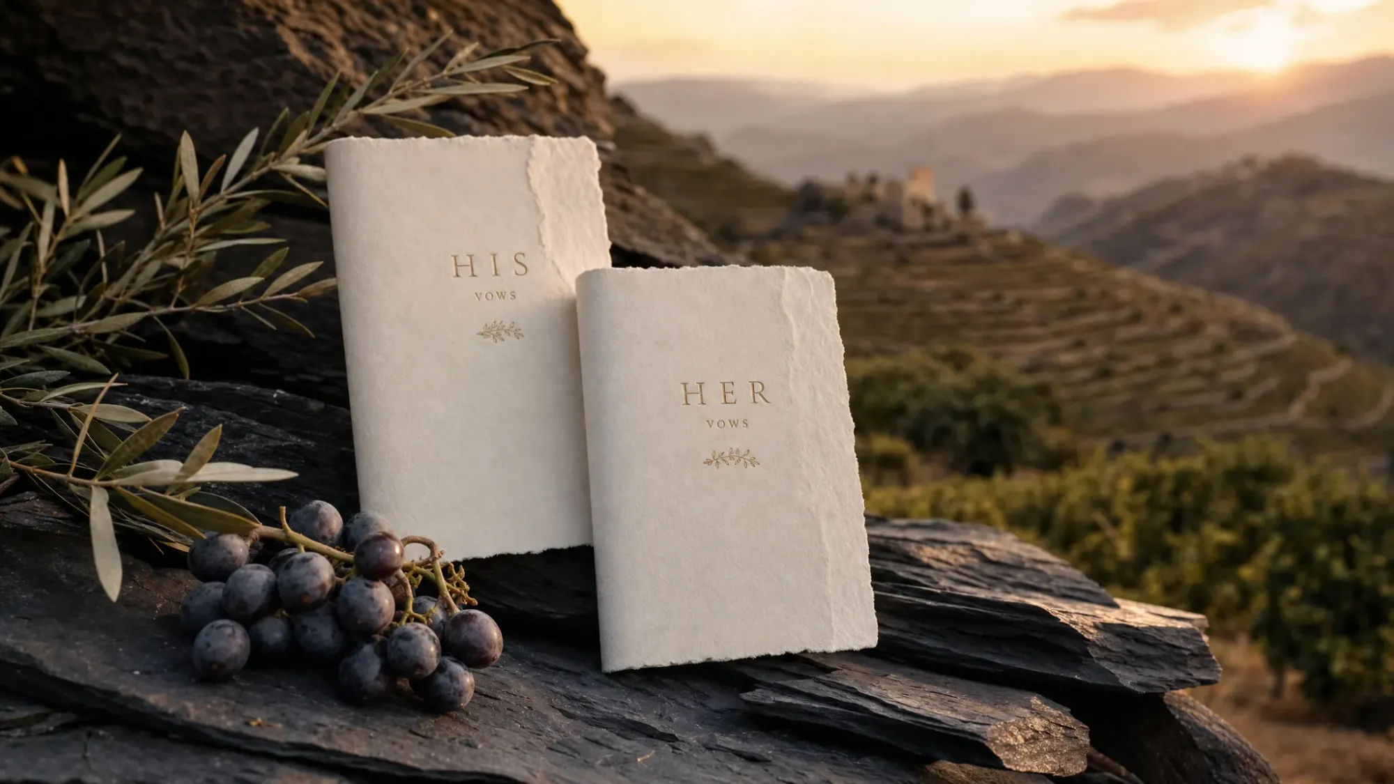 Two wedding vow books resting on dark Priorat slate beside a small cluster of grapes and olive branches, with blurred vineyard terraces and warm sunset light in the background.
