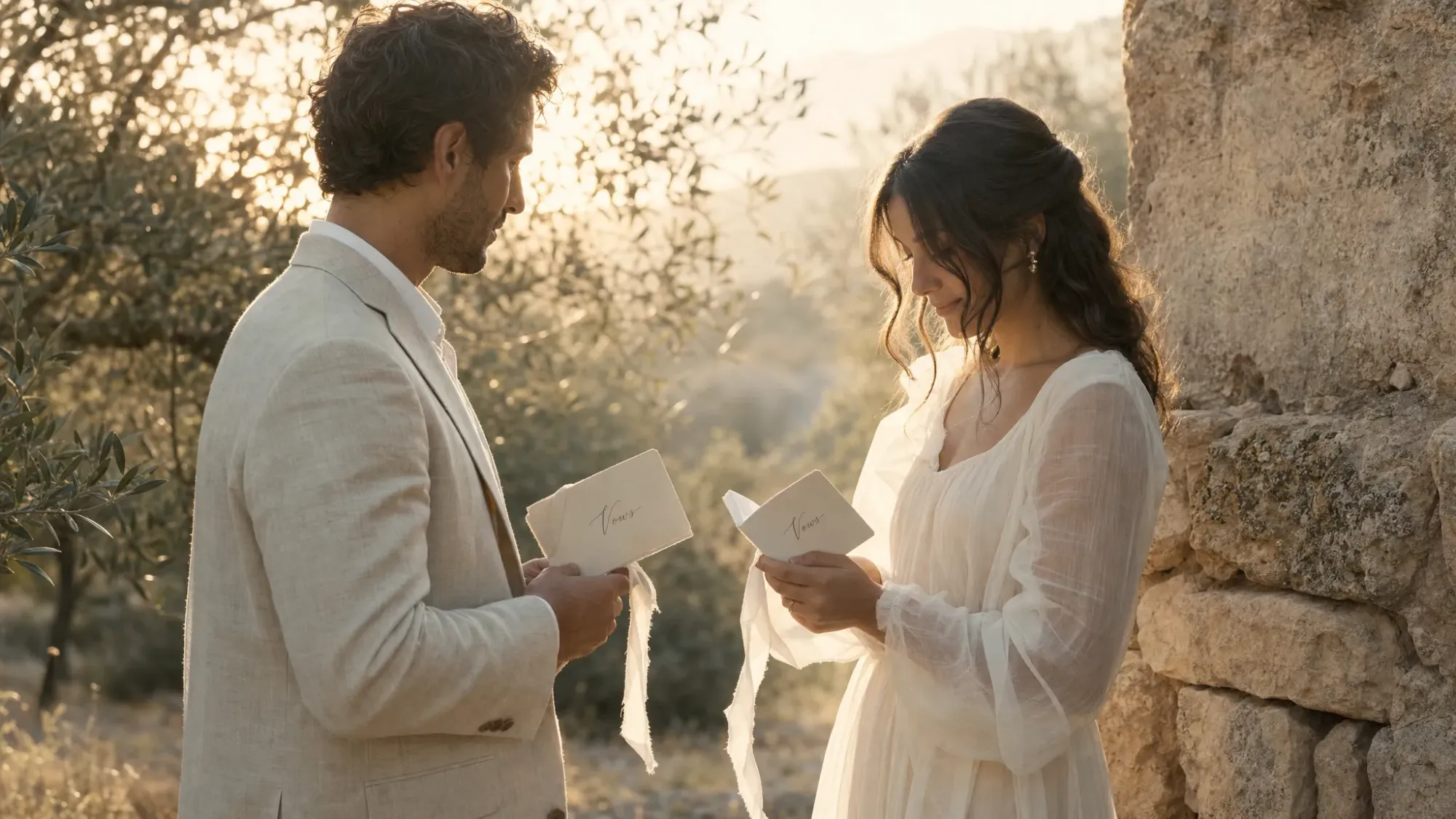 A close, intimate sunrise moment in an olive grove in Spain, with two people holding vow books and standing near an old stone wall. Pale morning light touches the olive leaves, the ground is slightly dewy, and the atmosphere is quiet and tender.