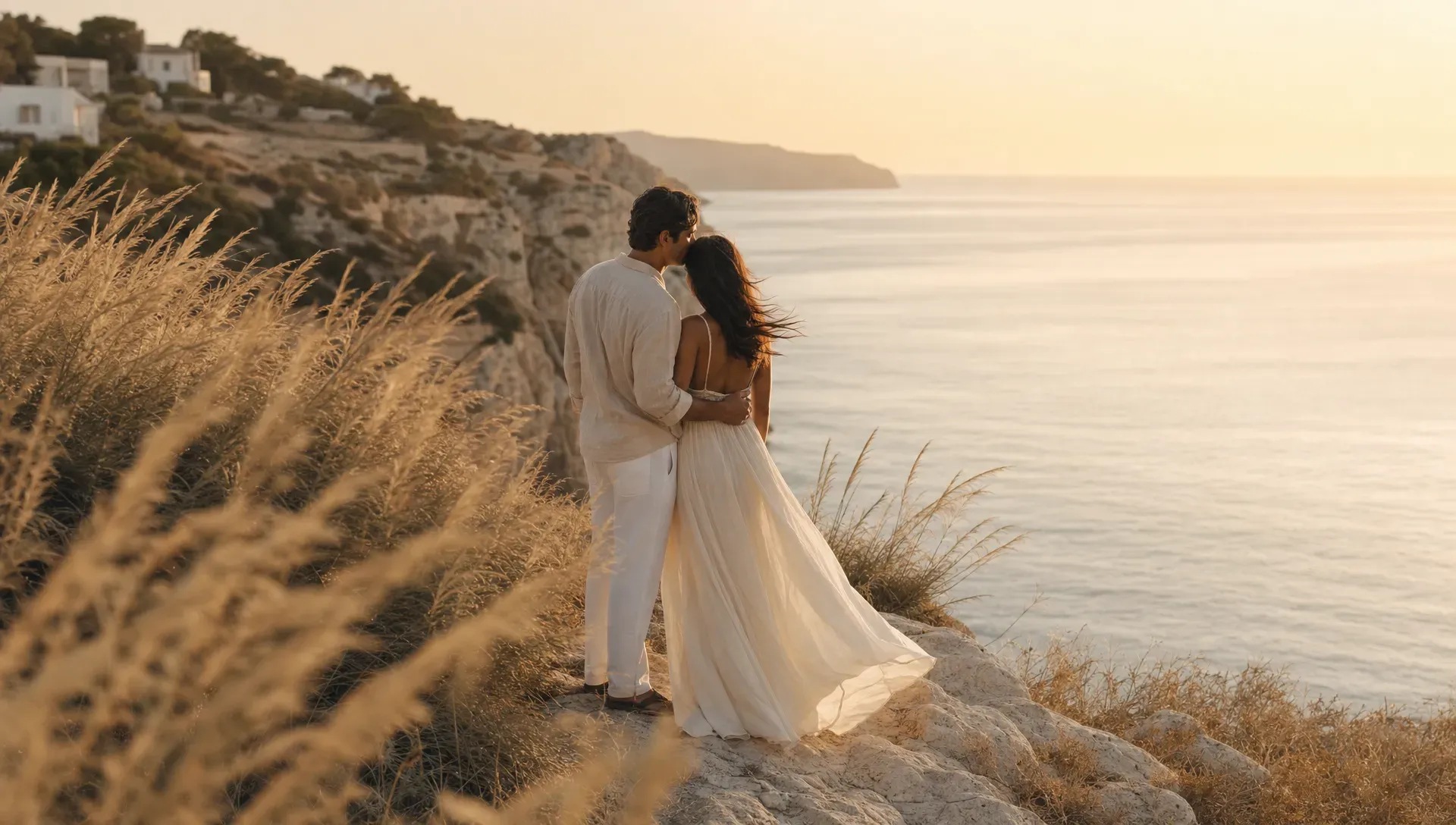 A couple standing close on a quiet Spanish cliff above the Mediterranean, with dry grasses moving in the wind, pale stone underfoot, and golden evening light touching the sea below.