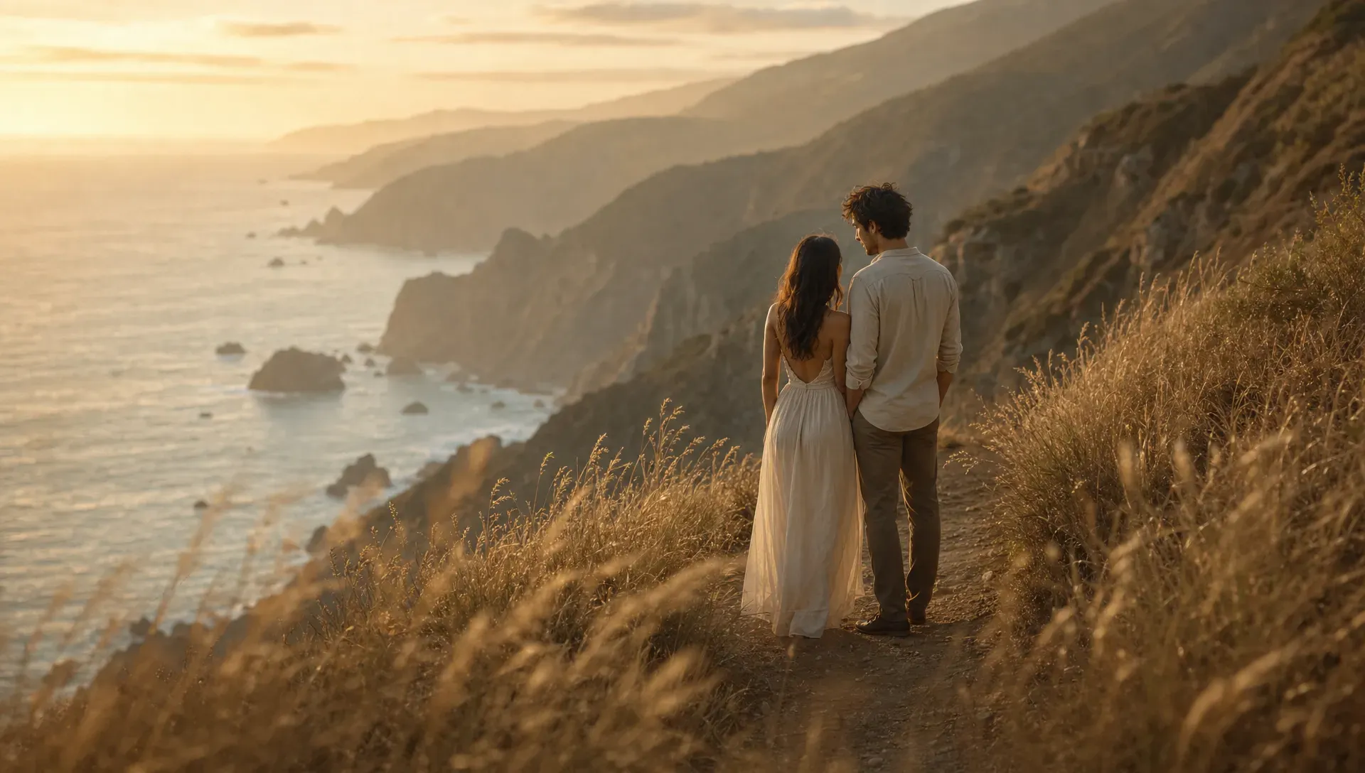 A quiet couple standing on a narrow cliff path above the sea at golden hour, with wind moving through tall grass and the coastline fading into haze. The scene feels intimate, spacious, and private, with no crowds or buildings nearby.