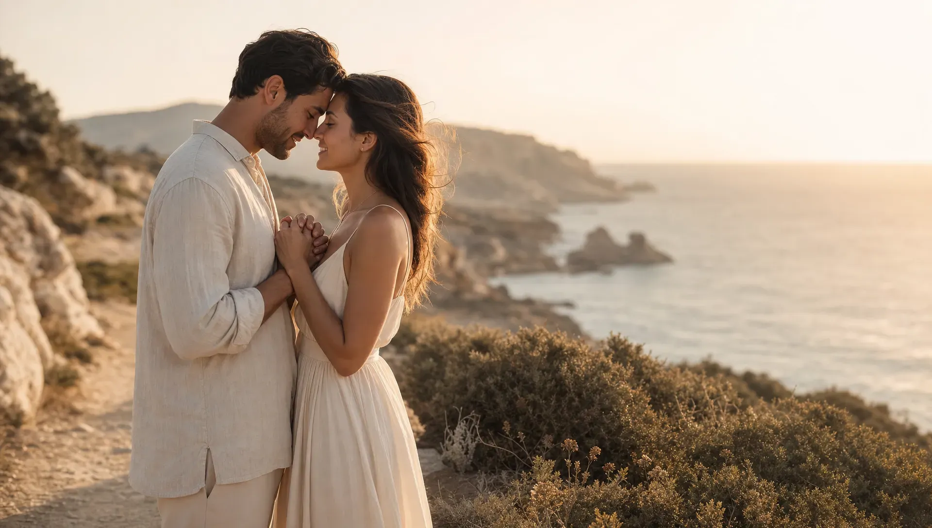 A couple stands together on a narrow coastal trail at sunrise, with one partner leaning in close while their foreheads nearly touch and their hands rest loosely together at chest level. Low shrubs, pale stone, and the sea below soften into a gentle blur, with the path feeling quiet and open in the early light.