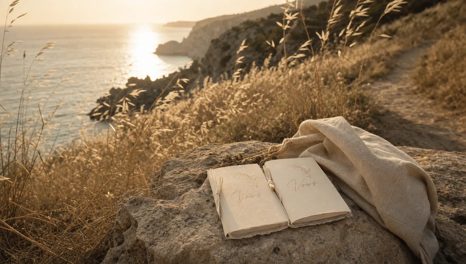 A quiet Mediterranean cliff path in Spain at golden hour, with wild grasses moving in the wind, the sea below, and two vow books resting on a flat stone beside a linen bag.