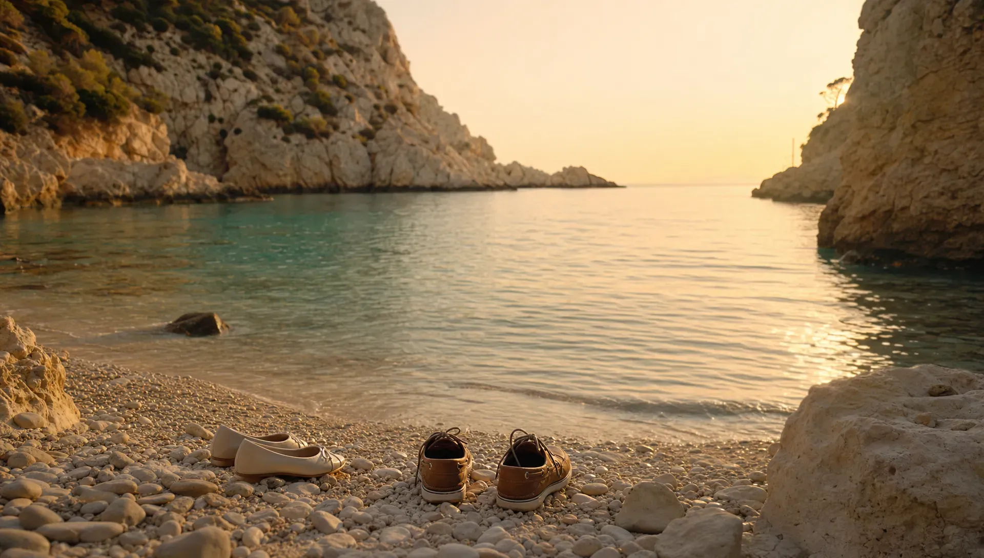 A quiet Costa Blanca cove at sunrise with pale limestone cliffs, turquoise water, smooth stones near the shore, and two pairs of shoes beside the waterline.