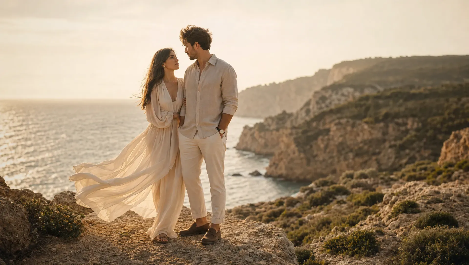A couple stands close on a rugged cliff edge in Spain at golden hour, one partner turned slightly toward the other as wind moves through their clothing and the sea drops away behind them. The foreground keeps their connection and the textured rock sharp, while the horizon and coastline soften into a hazy blur.