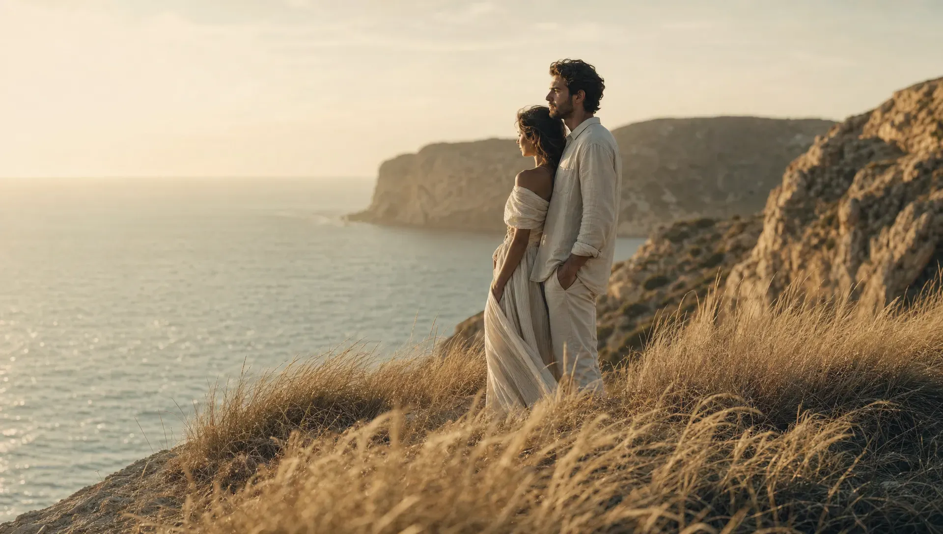 A couple stands together on a quiet Spanish sea cliff at sunrise, with low grasses moving in the wind and pale gold light touching the water below.