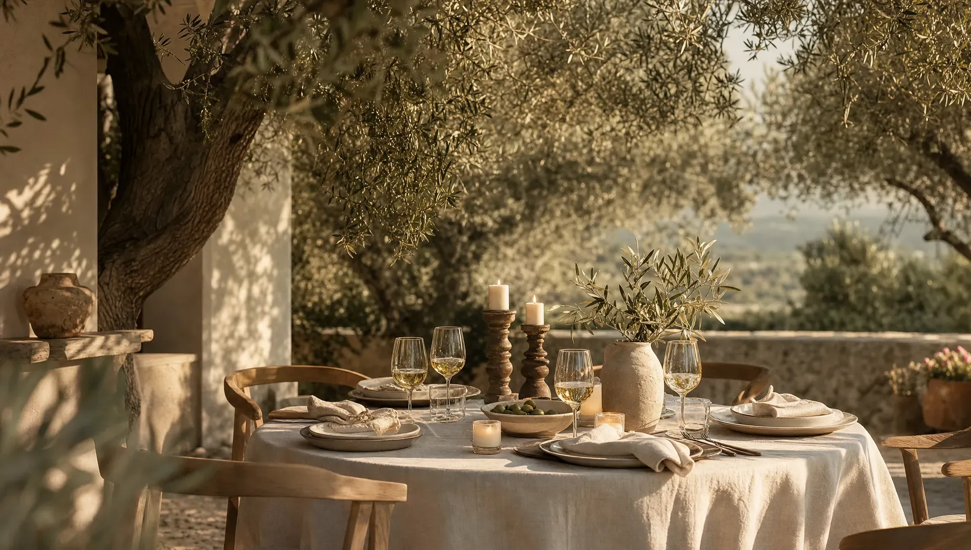 A small outdoor dinner table beneath olive trees in Spain, with linen napkins, ceramic plates, candles, wine glasses, and late afternoon light filtering through silver-green leaves.