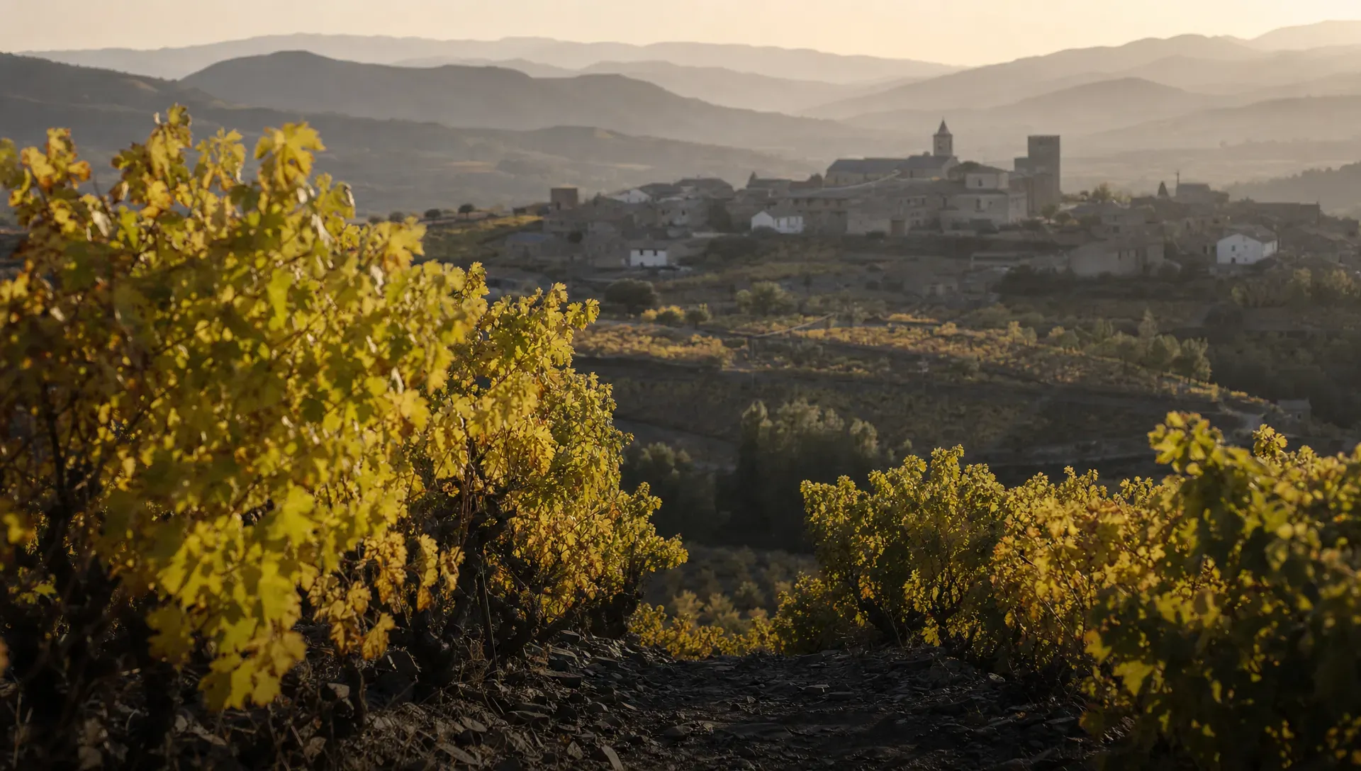 Rows of old Spanish vines descending over terraced slate hills, with a small stone village beyond and late light touching the leaves at the edge of harvest.