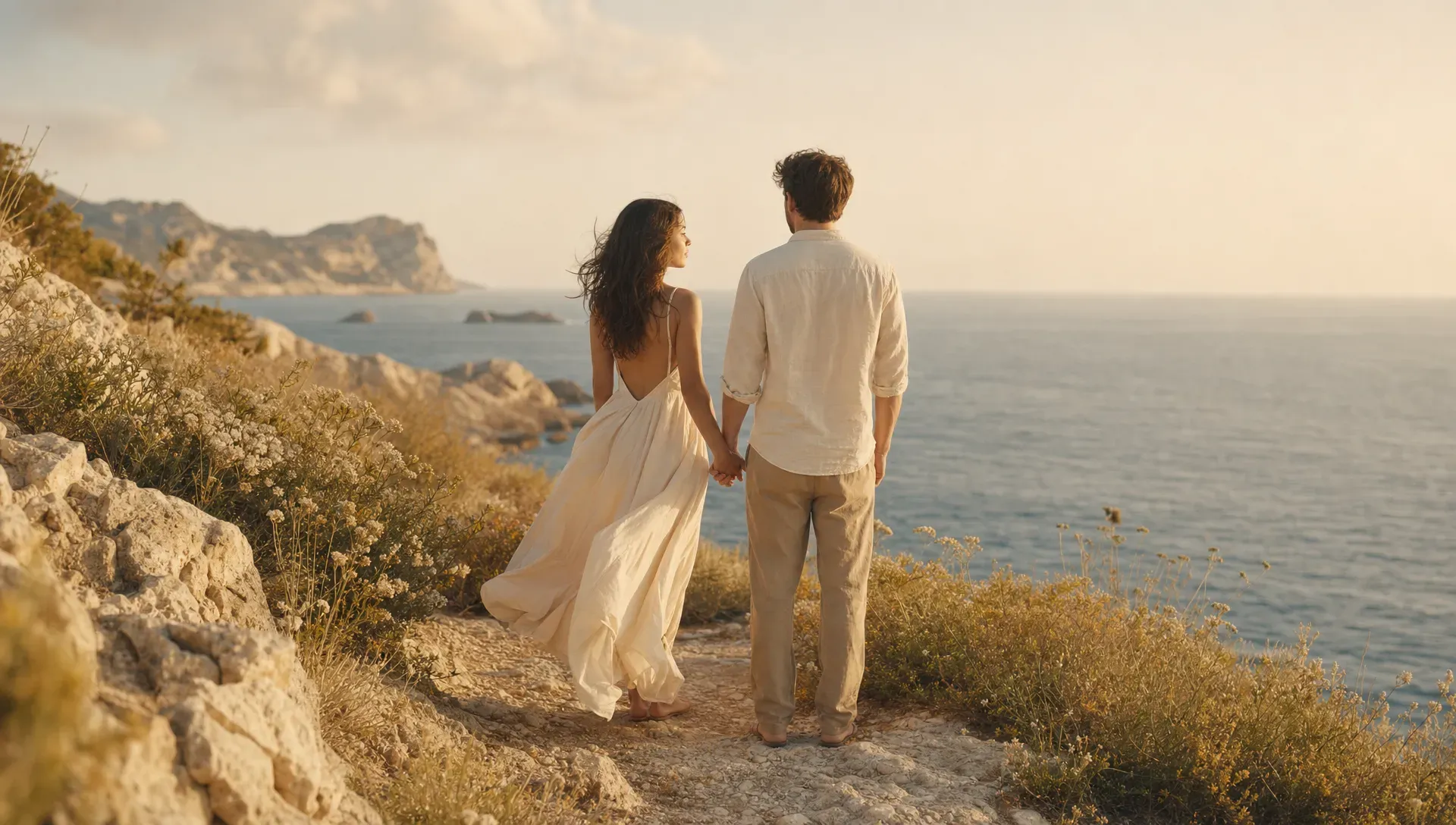 A couple stands on a quiet Mediterranean cliff path at golden hour, surrounded by low wild herbs, pale stone, and a distant blue sea. The wind moves softly through their clothes as they hold hands facing the open horizon.