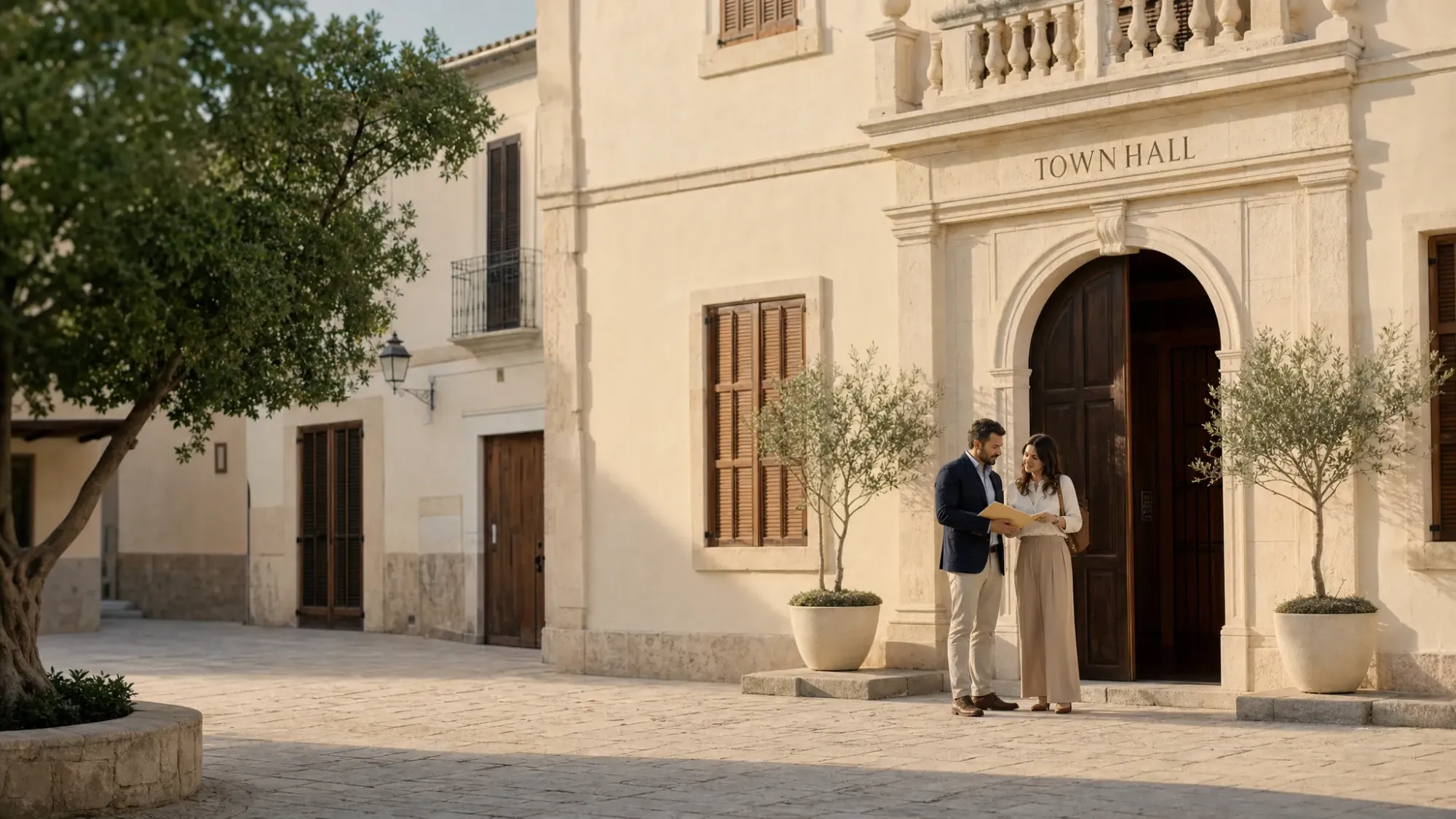 A quiet Spanish town hall square in early morning light, with pale stone buildings, closed wooden shutters, and a couple standing near the entrance holding a small folder of documents.