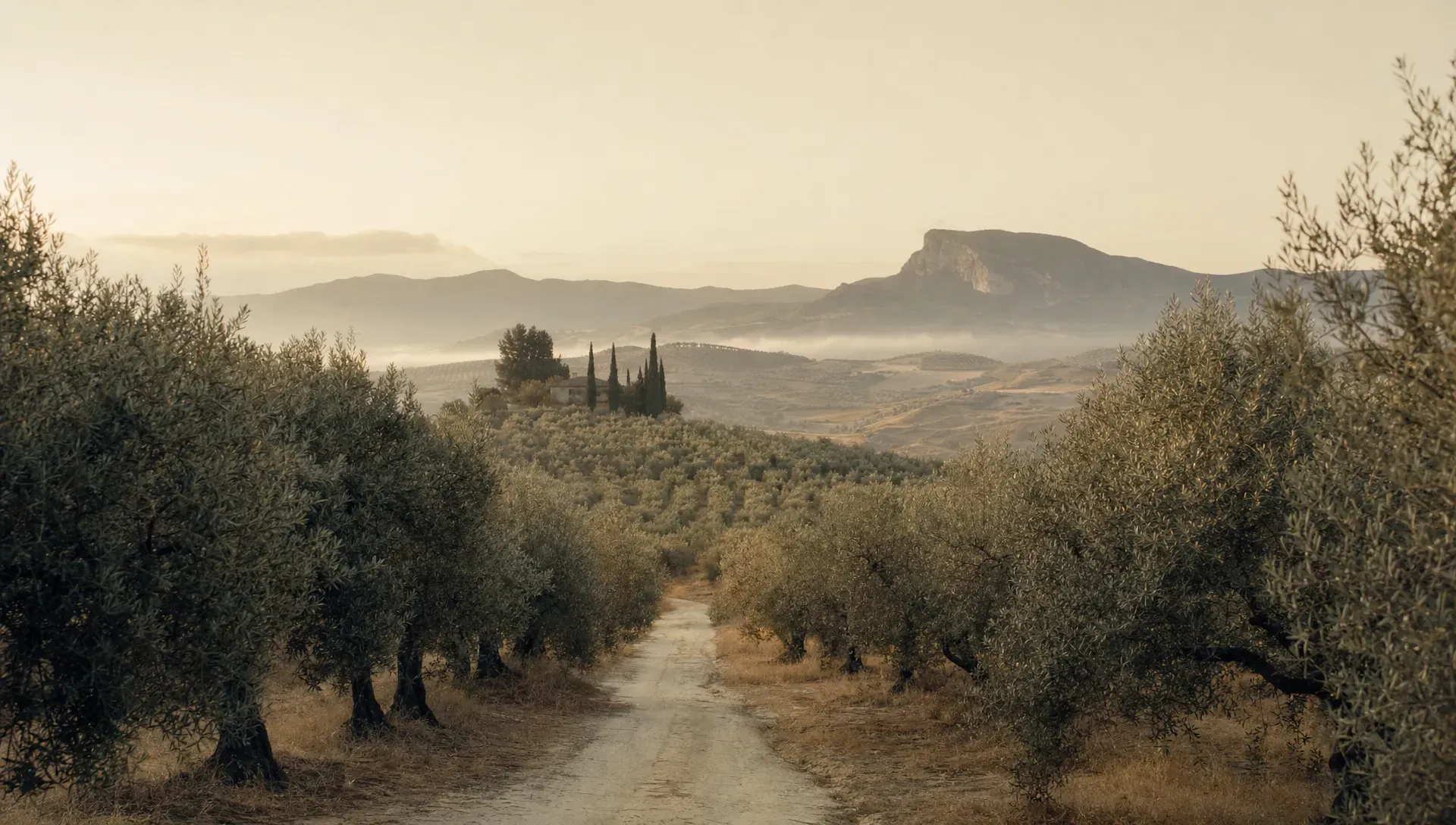 An early morning olive grove in Spain with silver-green trees, dry earth, soft light on distant hills, and a narrow path leading through the landscape. The atmosphere is calm, private, and cinematic.
