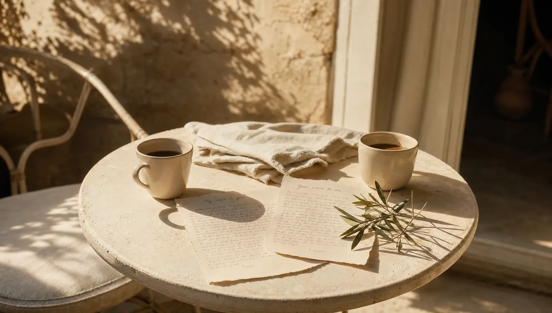 A small table on a shaded terrace holds handwritten vows, two coffee cups, and a folded linen cloth in warm afternoon light, with the surrounding stone and doorway soft in the background.