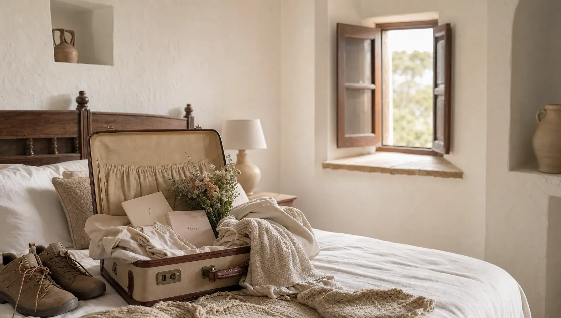 An open suitcase on a rustic wooden bed in a whitewashed Spanish guesthouse, with linen clothes, hiking shoes, vow books, a light shawl, and a small bouquet of wildflowers.