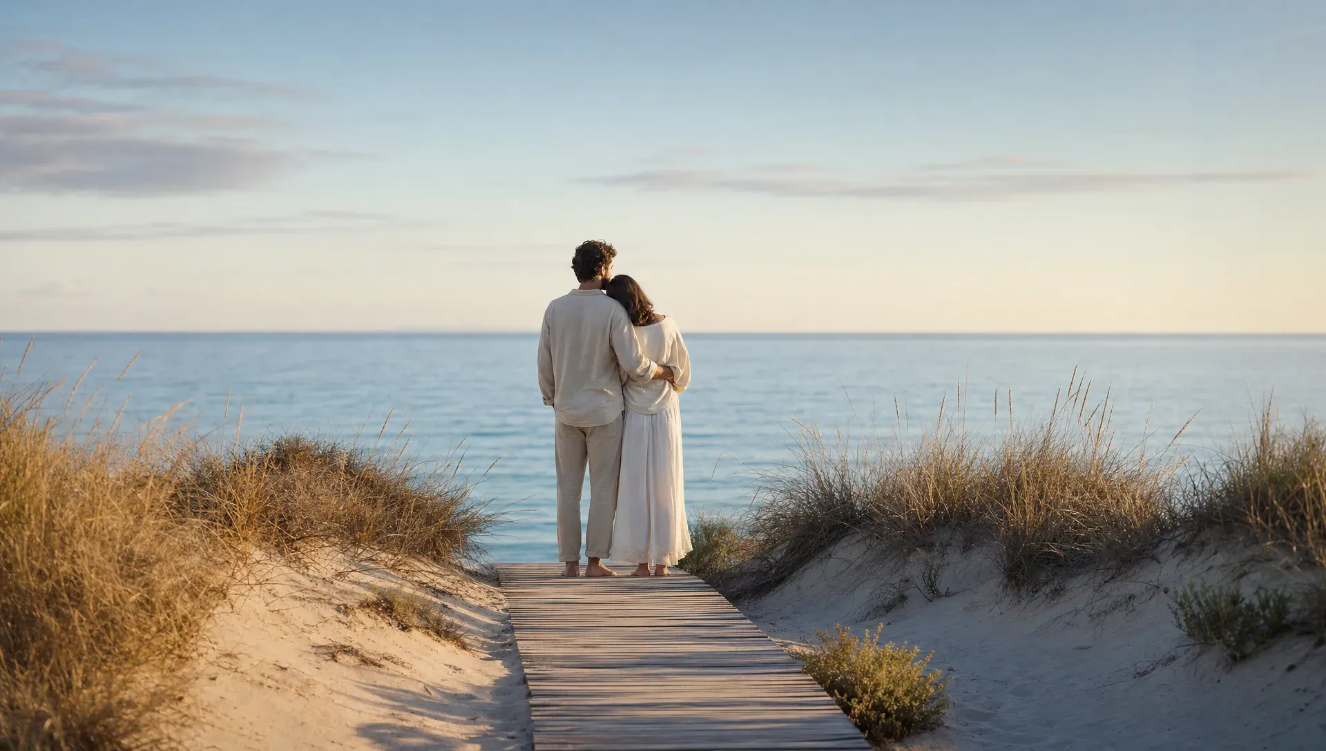 A couple standing alone on a wooden boardwalk through soft dunes near the Mediterranean at dawn, with pale sand, sea grass, and a wide blue horizon ahead.