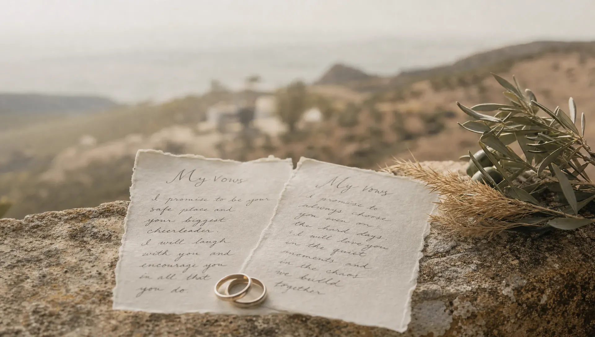 A pair of handwritten vows rests on a weathered stone ledge beside simple wedding rings, with dry grass and a hint of olive branches beside them in warm Spanish hillside light. The paper and rings stay sharp in the foreground while the background fades into a soft, airy blur.