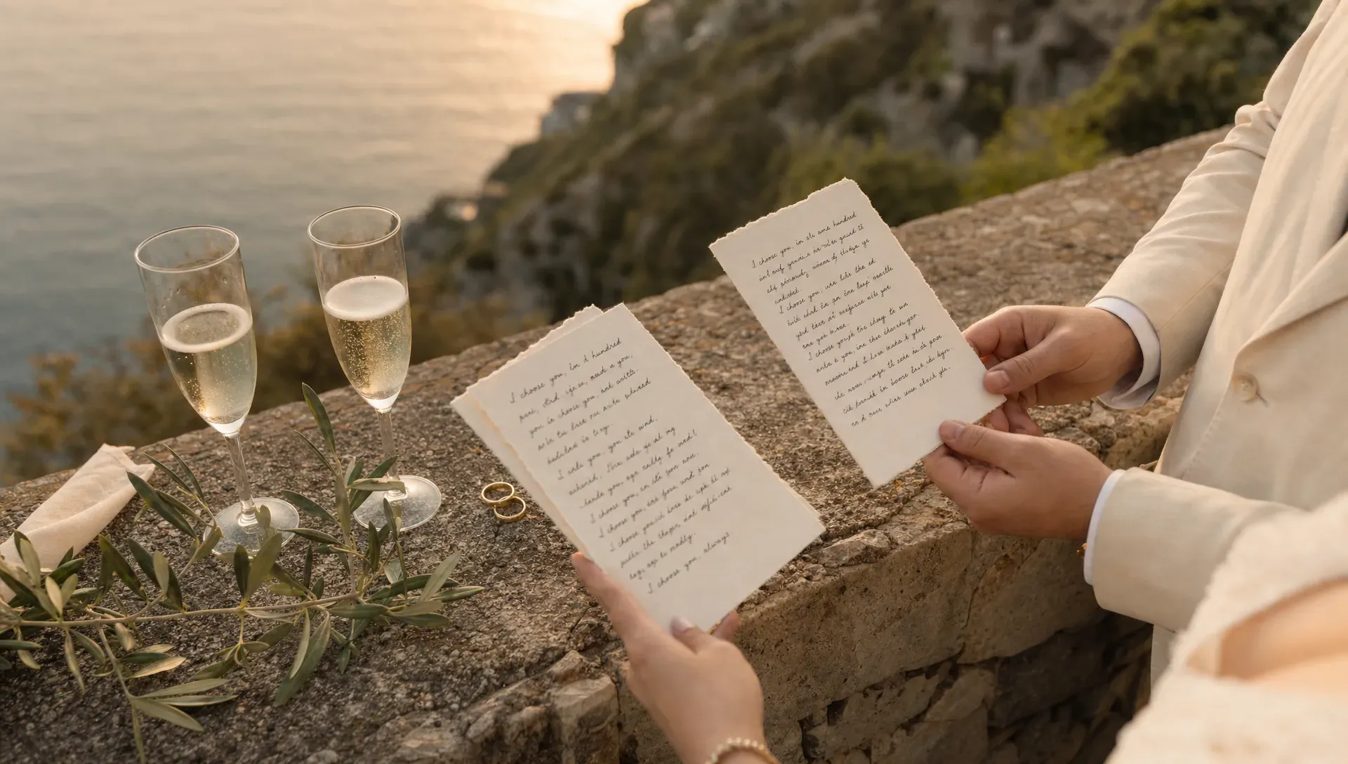 Two hands hold handwritten vow pages beside a small stone ledge with olive branches, simple rings, and glasses of cava in soft evening light, with the sea and hillside falling away in the background.