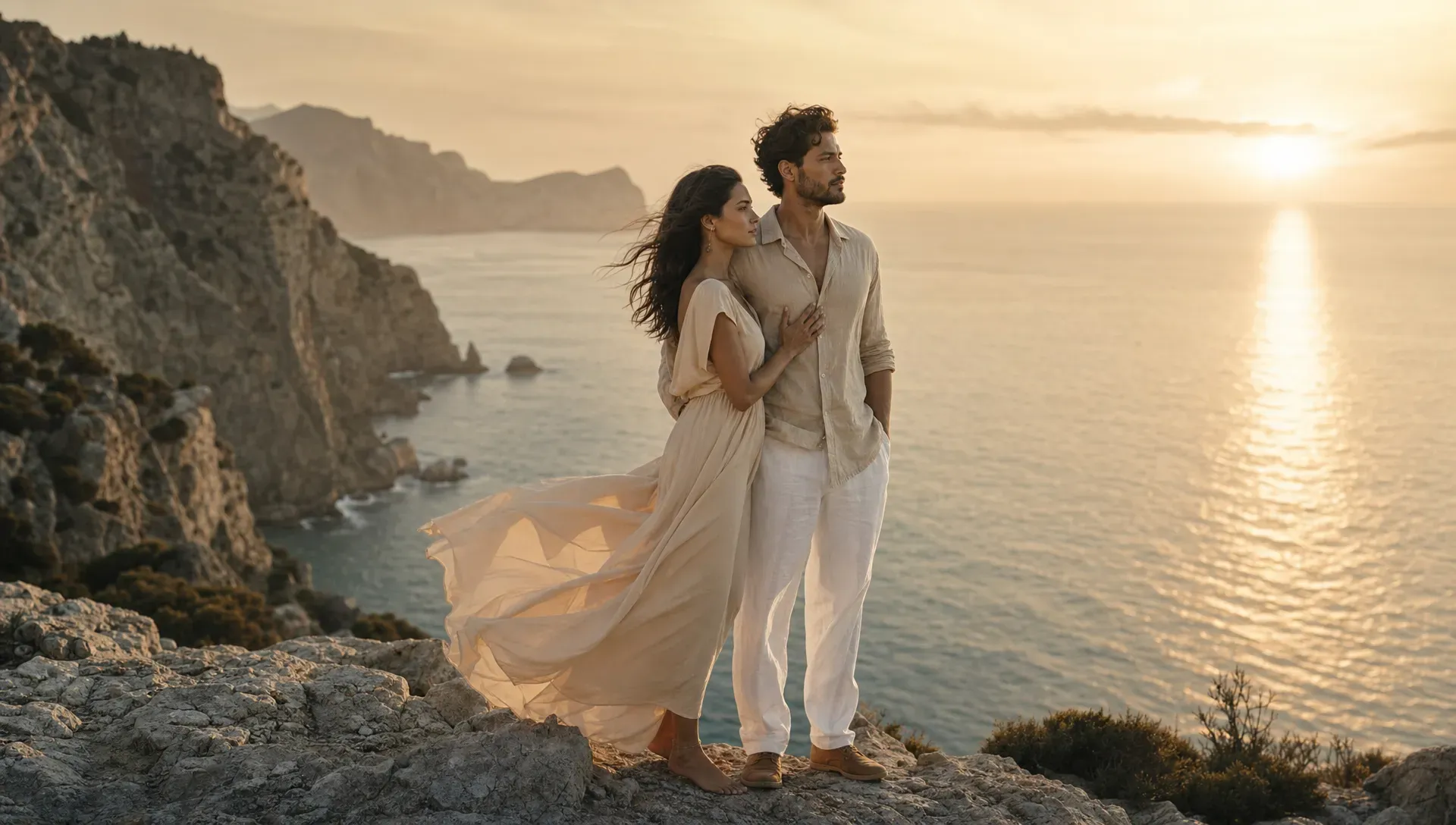 A couple standing together on a rocky Mediterranean cliff at sunrise, with the sea below, wind moving through their clothes, and soft golden light touching the coastline.