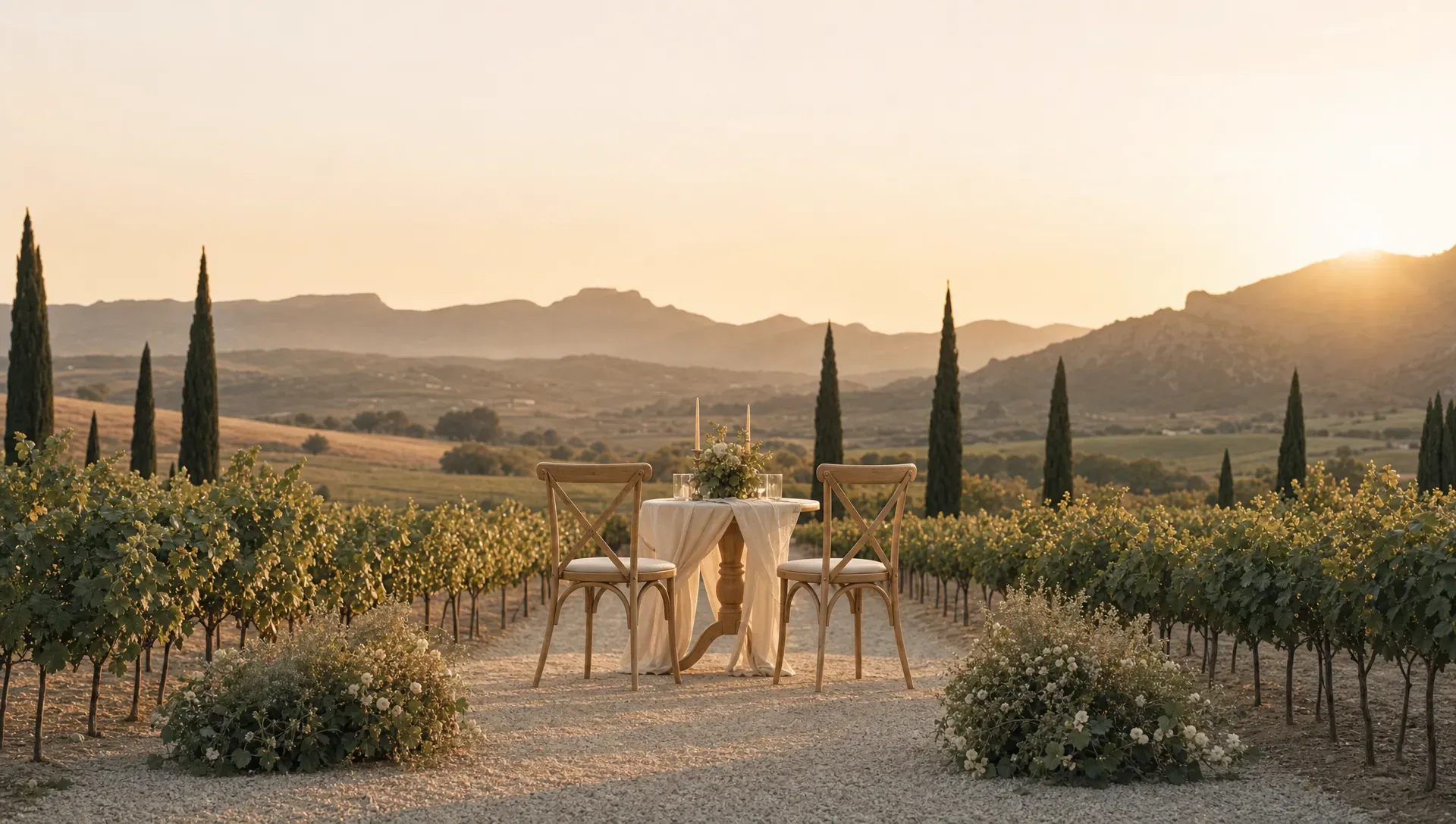 A quiet vineyard ceremony space with two simple chairs and a small table set between low rows of vines at sunset, with cypress trees and distant Spanish hills beyond.