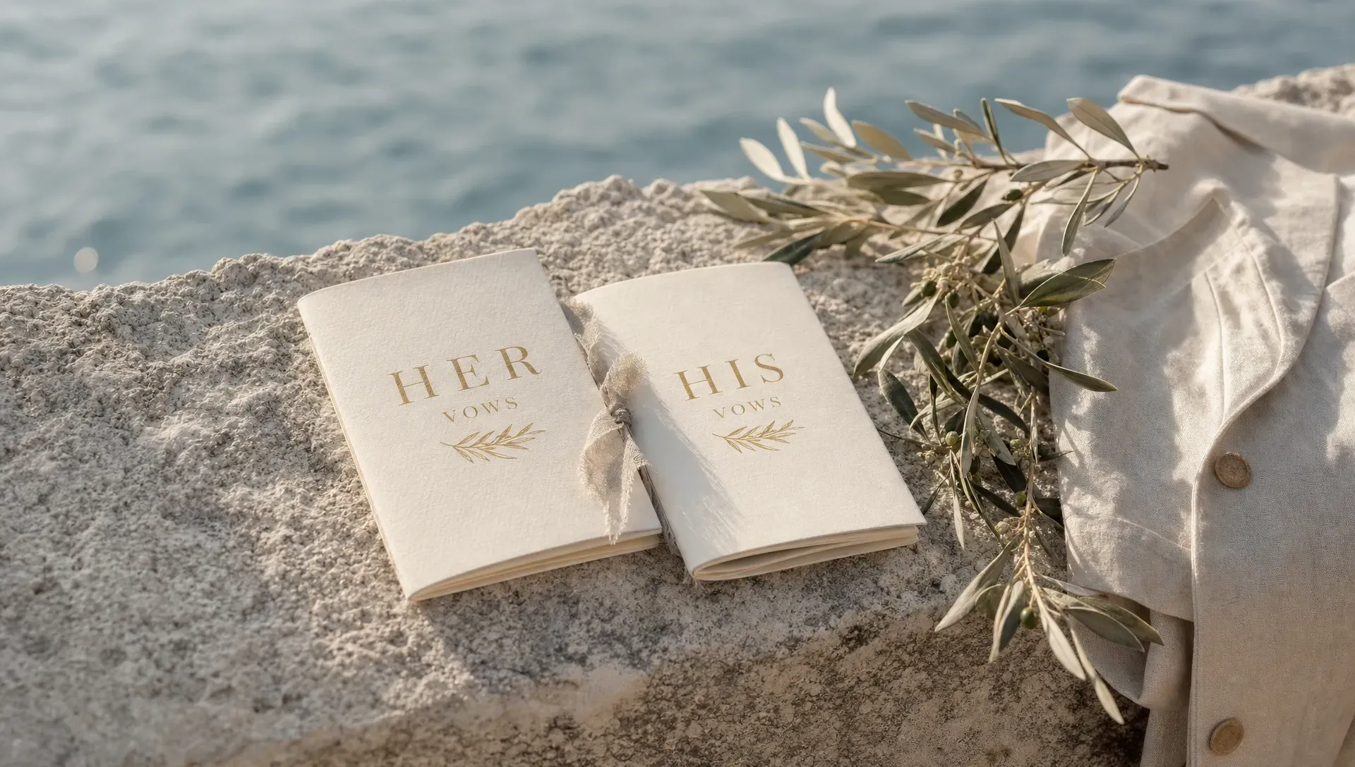 Two vow books rest on a weathered stone wall beside olive branches and a linen jacket, with soft morning light falling across the scene and the sea blurred beyond the wall.