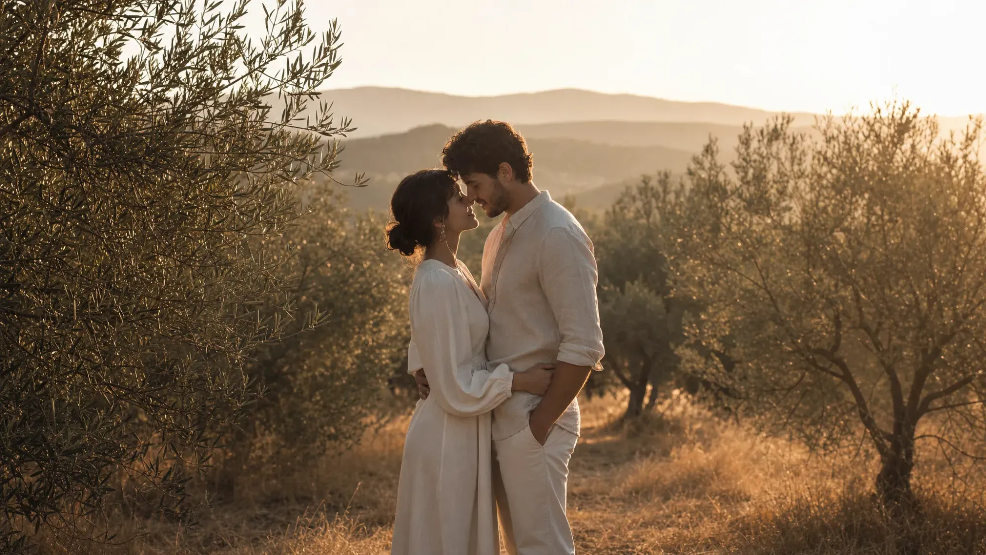 A couple standing close in an Andalusian olive grove at sunrise, surrounded by silver-green trees, dry grass, warm light, and distant hills.