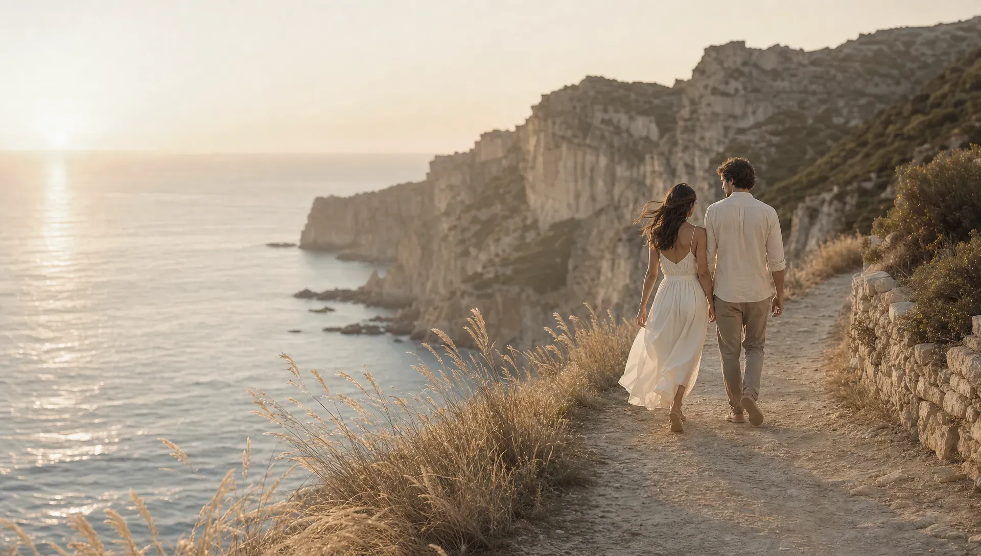 A couple walks slowly along a quiet Mediterranean cliff path at sunrise, with the sea below, soft light touching the rocks, and sparse coastal grass moving in the wind.