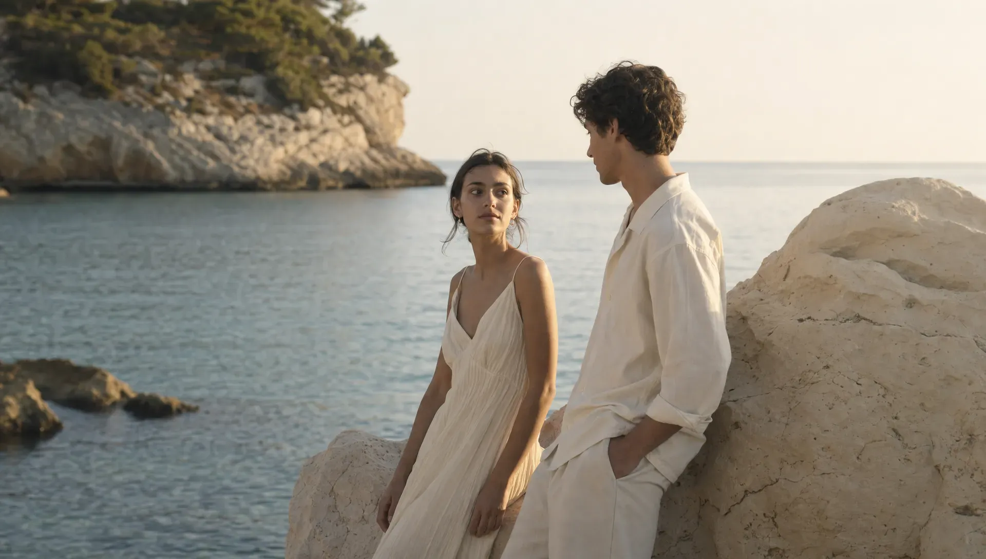 Two people standing near pale rocks at a quiet Spanish cove, with calm Mediterranean water behind them and late afternoon light touching the cliffs, the scene feeling still and private.