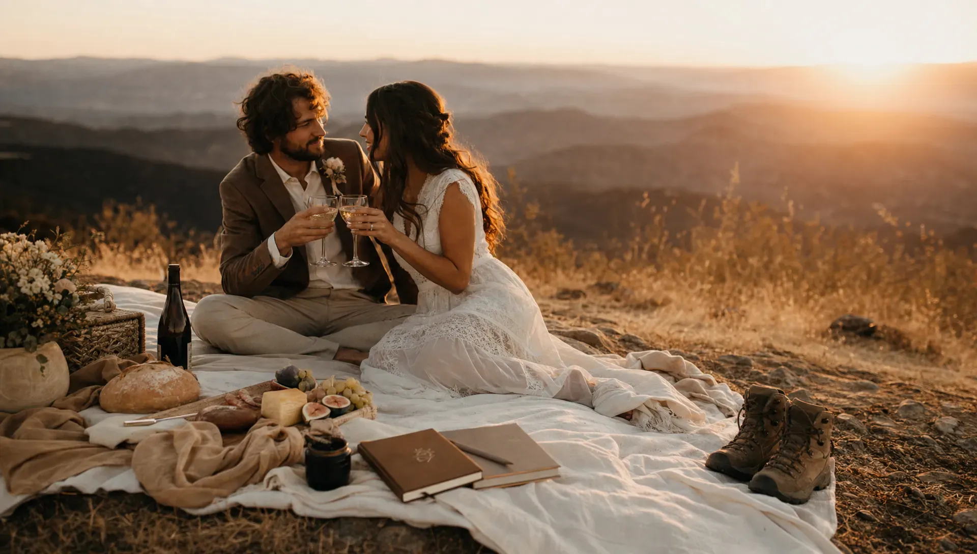 An intimate picnic after an elopement hike, with a blanket on the ground, figs, bread, vow books, hiking boots nearby, and warm evening light over distant hills.
