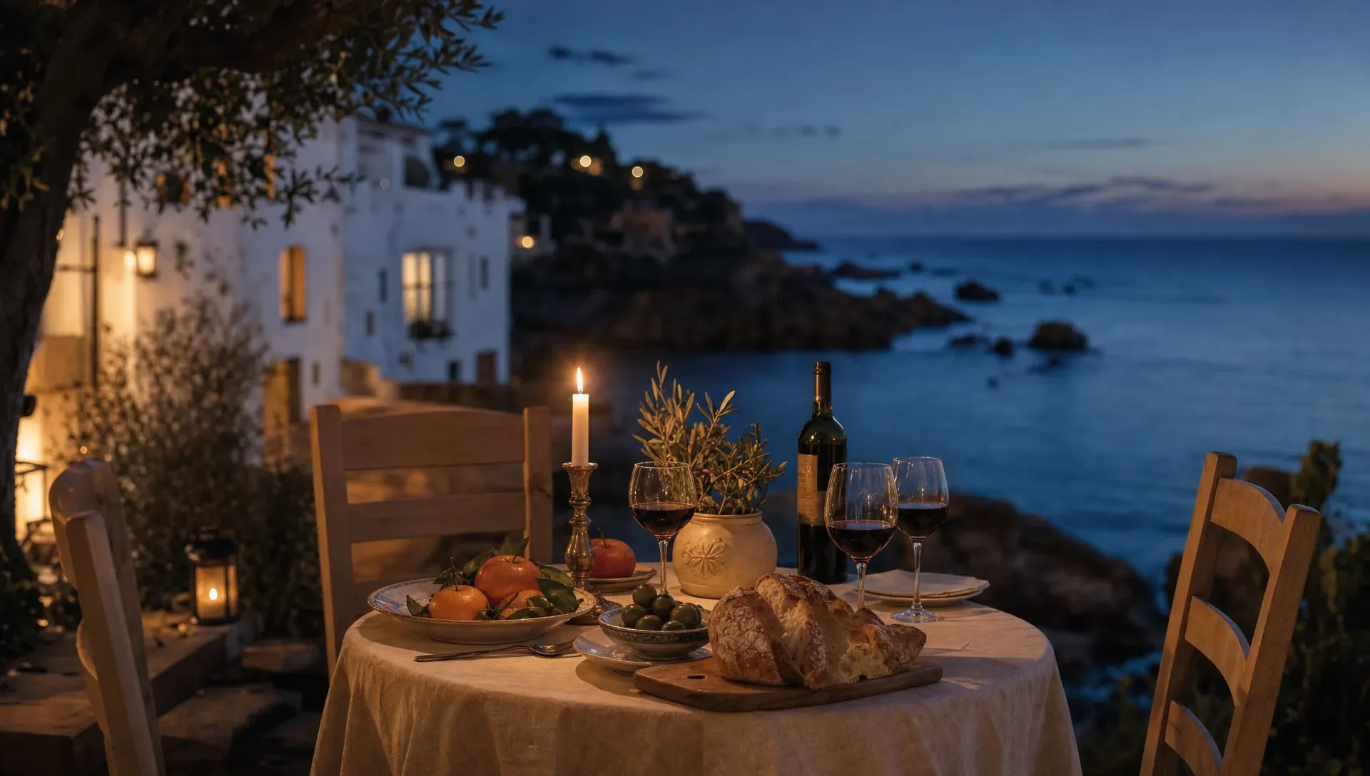 A small candlelit dinner table near the Spanish coast after sunset, with local bread, olives, oranges, and wine glasses, while the sea fades into blue hour behind it.